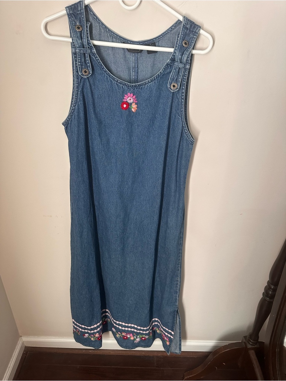 Blue Denim Pinafore Dress with Floral Trim